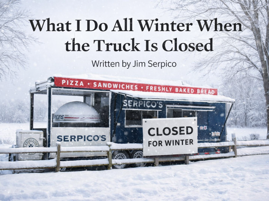 SBC Food Truck in a snowy field with a placard that says closed for winter.