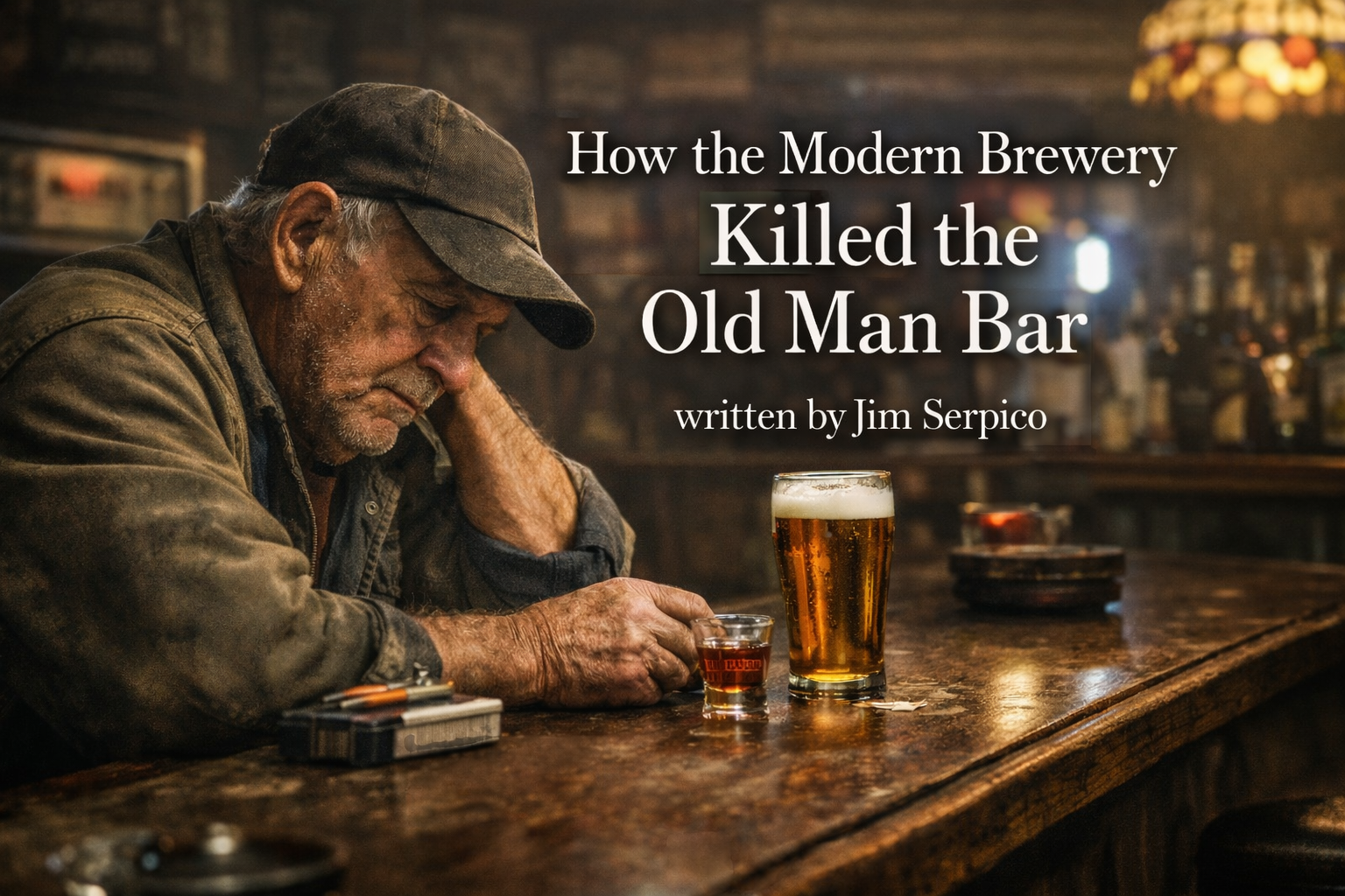 Working class man sitting alone at an old school neighborhood bar with a shot and beer