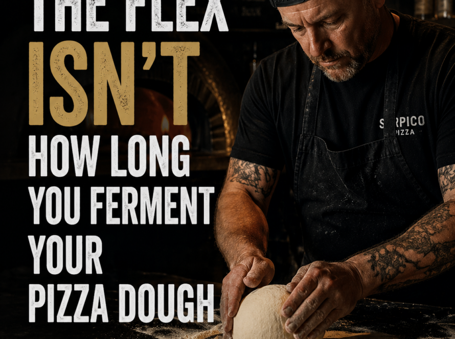 Book cover for 'The Flex Isn’t How Long You Ferment Your Pizza Dough' showing a chef kneading dough in a dim kitchen, author Jim Serpico written at bottom.