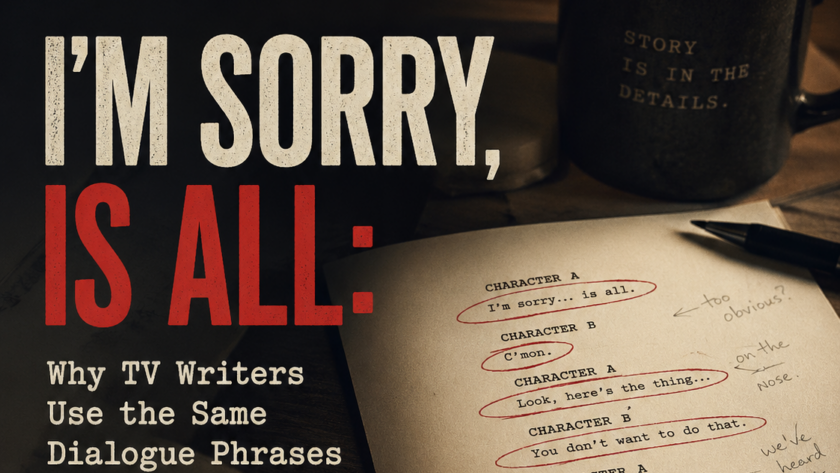 Magazine-style cover for 'The Monday Essay' about why TV writers reuse dialogue phrases, with a notebook and mug in the background.