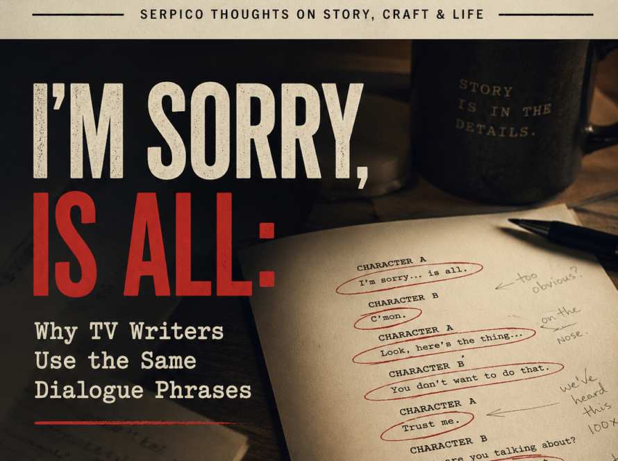 Magazine-style cover for 'The Monday Essay' about why TV writers reuse dialogue phrases, with a notebook and mug in the background.