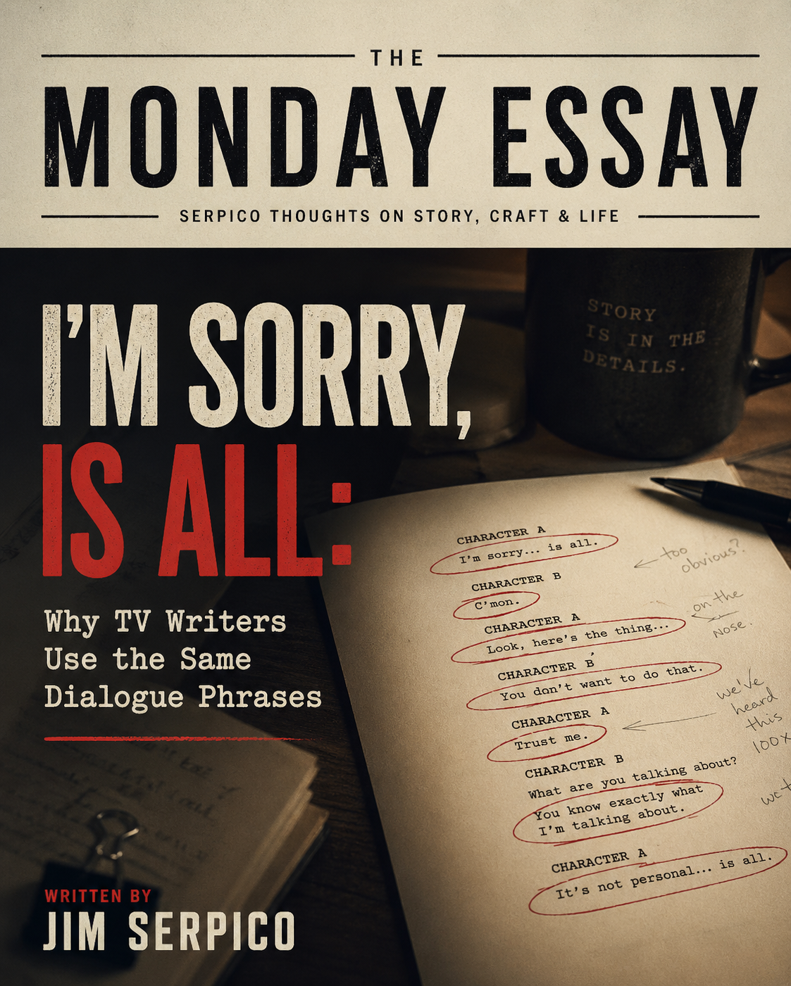 Magazine-style cover for 'The Monday Essay' about why TV writers reuse dialogue phrases, with a notebook and mug in the background.