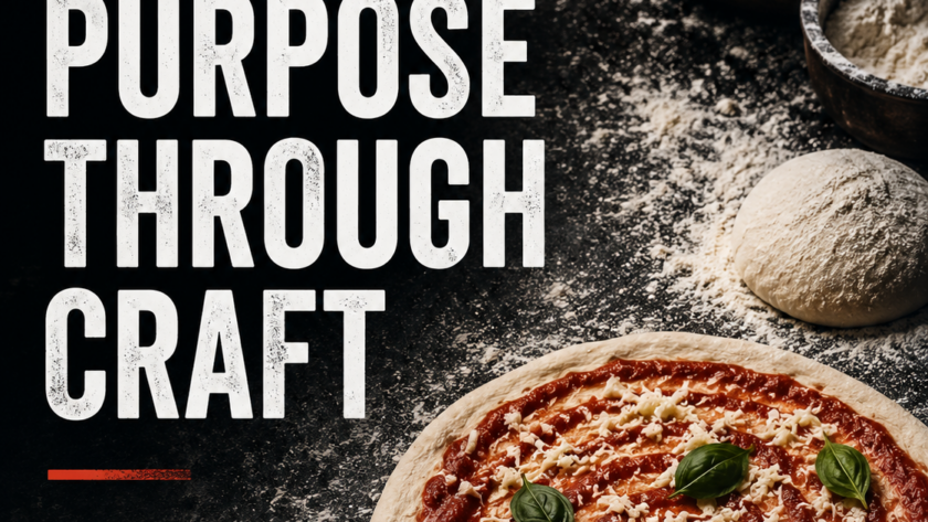 Book cover for 'Finding Purpose Through Craft' by Jim Serpico, with a pizza and baking ingredients in the background.