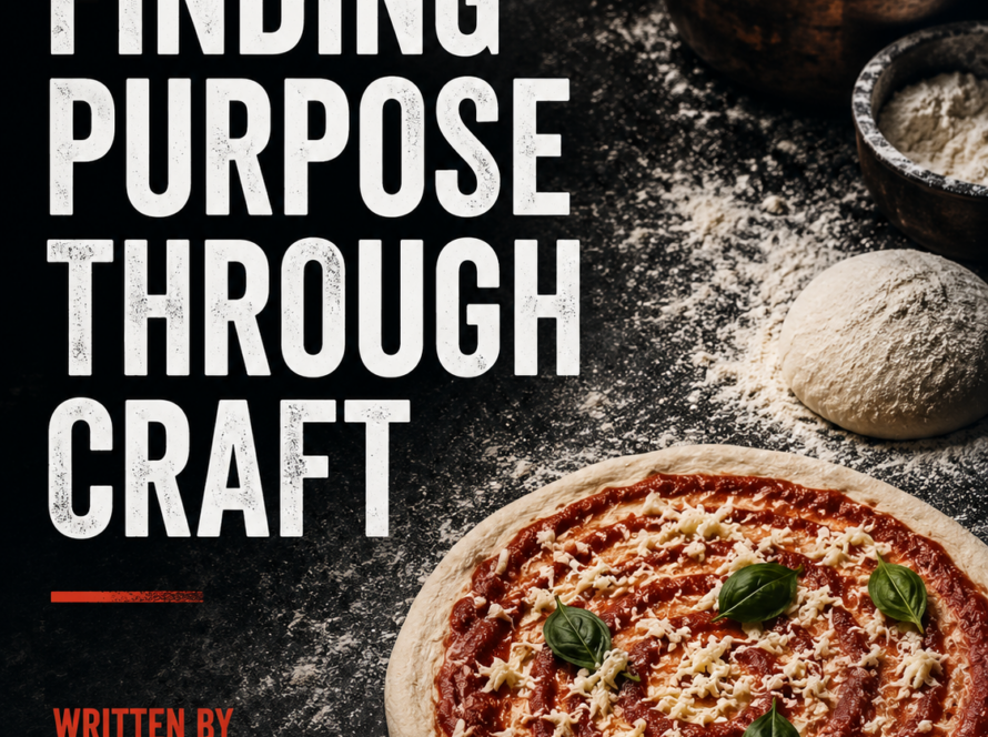 Book cover for 'Finding Purpose Through Craft' by Jim Serpico, with a pizza and baking ingredients in the background.