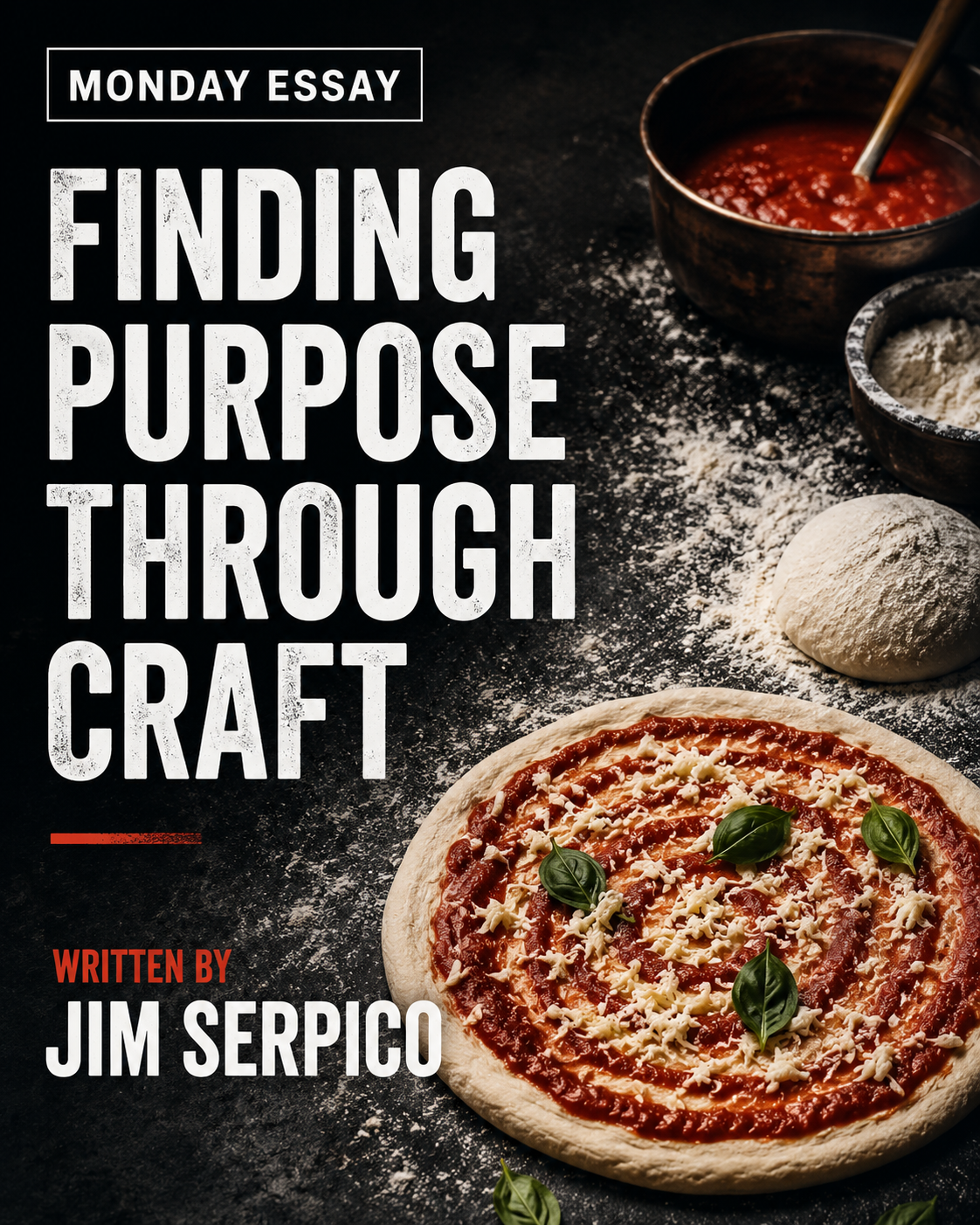 Book cover for 'Finding Purpose Through Craft' by Jim Serpico, with a pizza and baking ingredients in the background.