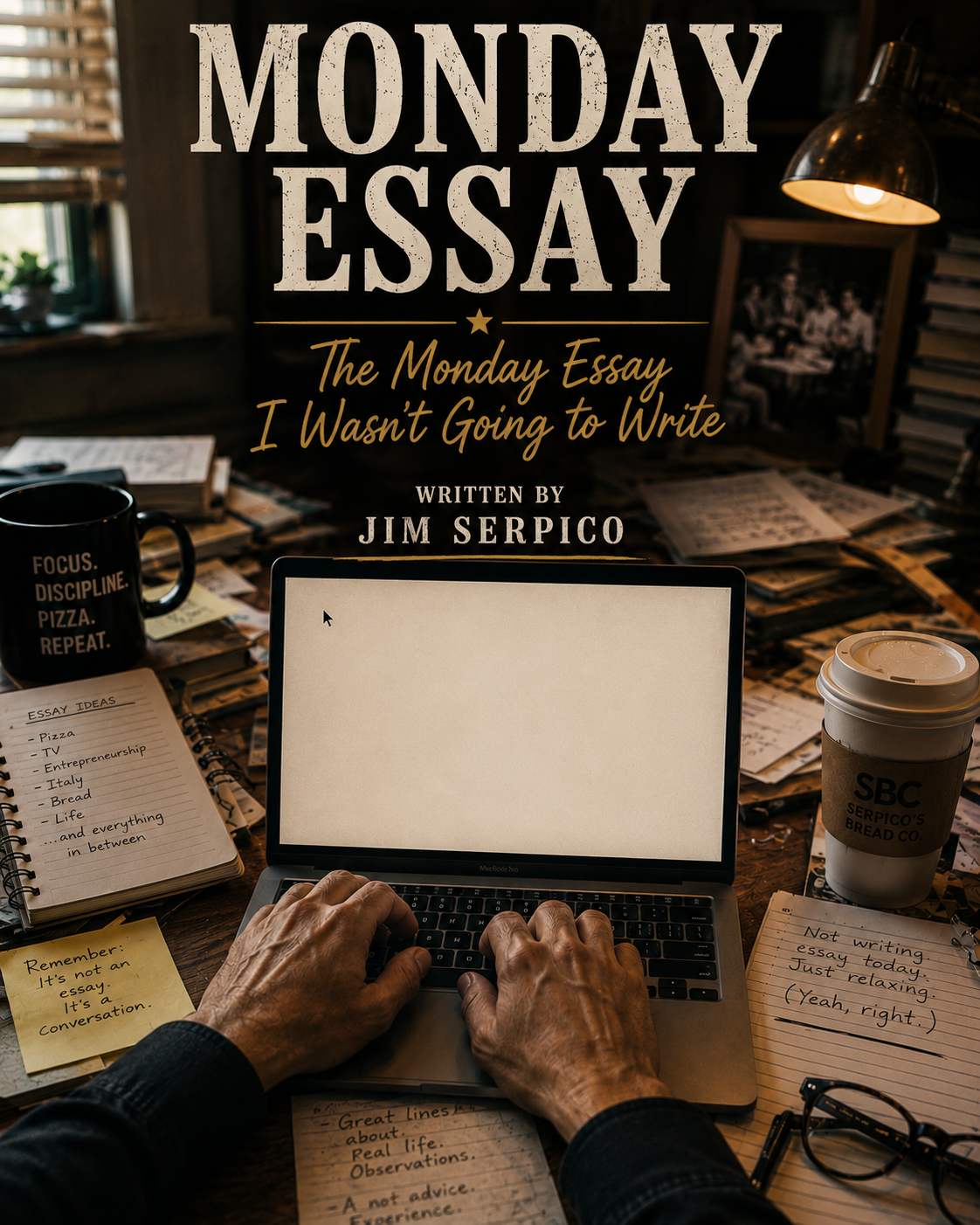 Over-the-shoulder view of hands typing on a laptop at a cluttered desk with notes, coffee cup, and a large 'MONDAY ESSAY' poster in the background.