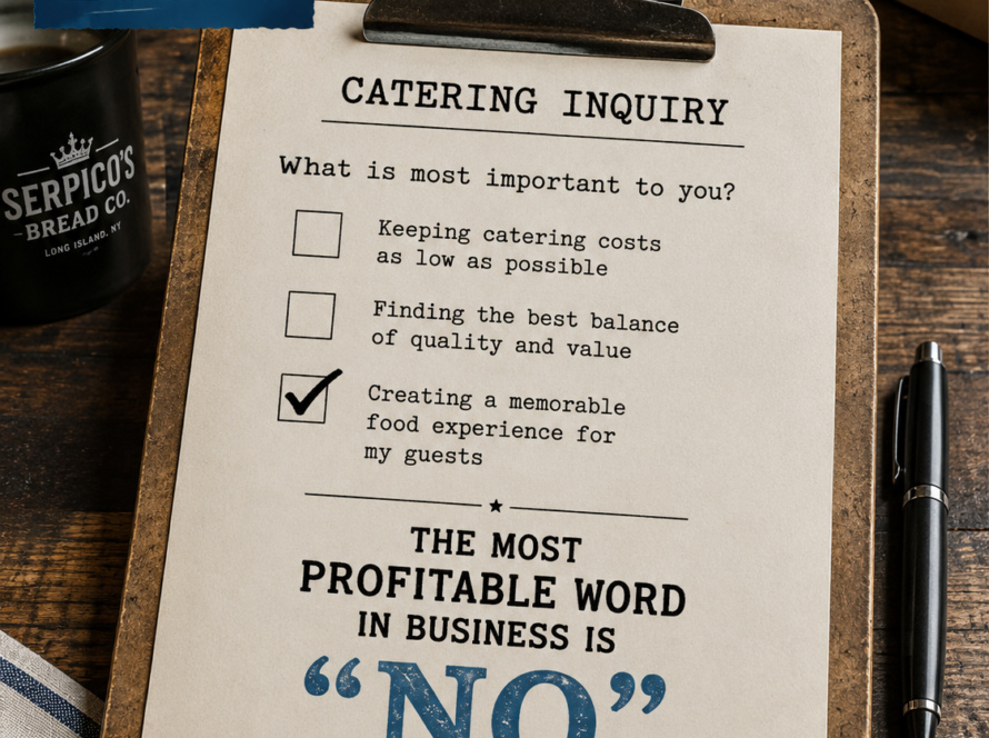Clipboard with a 'Catering Inquiry' form and a checked box for 'creating a memorable food experience for my guests,' with pizza box and Serpico's mug in the background.