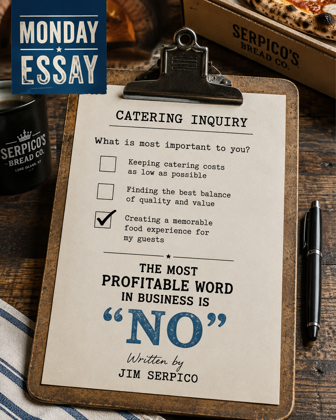 Clipboard with a 'Catering Inquiry' form and a checked box for 'creating a memorable food experience for my guests,' with pizza box and Serpico's mug in the background.
