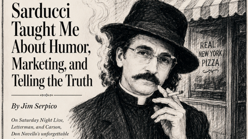 Magazine cover with a sketch of Father Guido Sarducci beside a Joe's Pizzeria sign; headline reads 'What Father Guido Sarducci Taught Me About Humor, Marketing, and Telling the Truth'