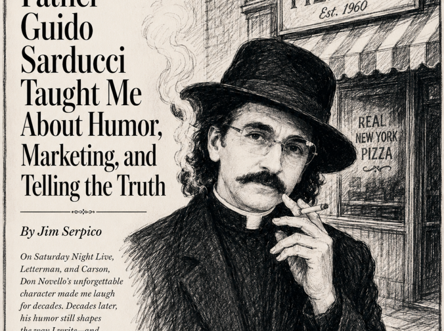 Magazine cover with a sketch of Father Guido Sarducci beside a Joe's Pizzeria sign; headline reads 'What Father Guido Sarducci Taught Me About Humor, Marketing, and Telling the Truth'