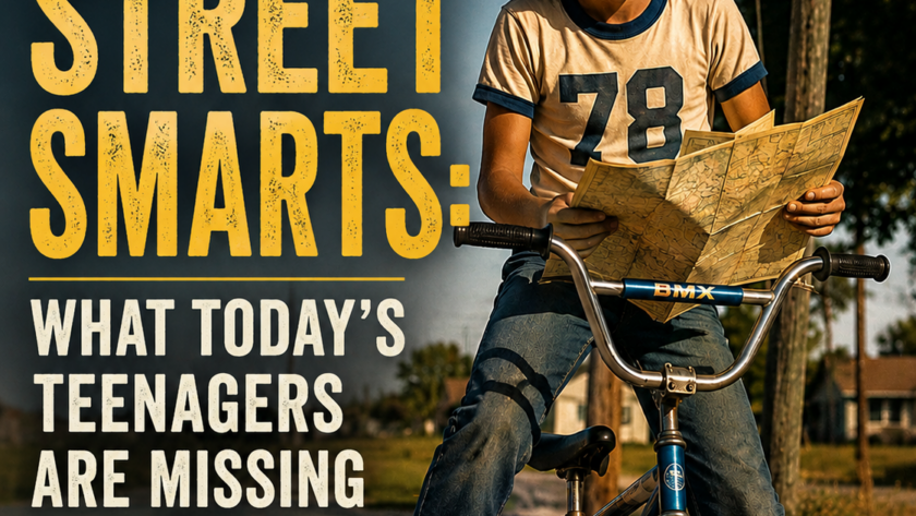 Boy on a bicycle studying a folded map beside a bold poster about The Lost Art of Street Smarts and missing teens.