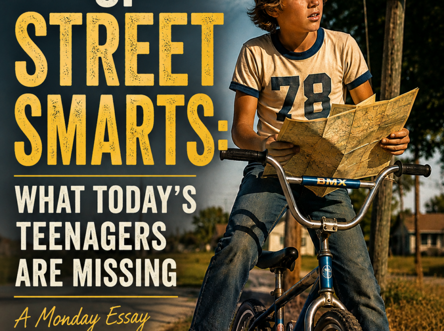 Boy on a bicycle studying a folded map beside a bold poster about The Lost Art of Street Smarts and missing teens.