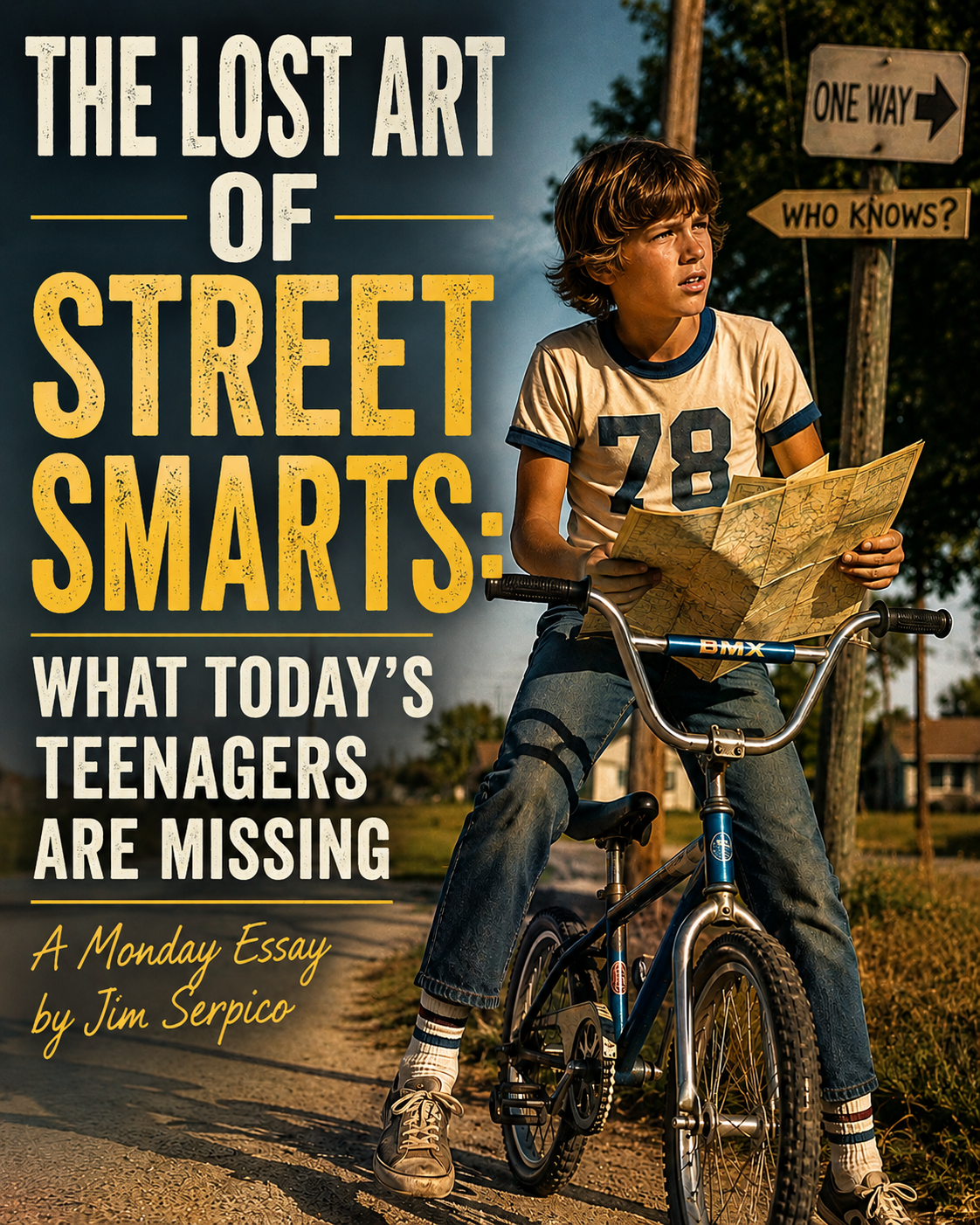 Boy on a bicycle studying a folded map beside a bold poster about The Lost Art of Street Smarts and missing teens.
