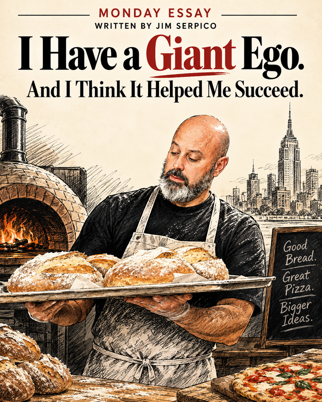 Cover illustration: a baker in an apron carries a tray of loaves in front of a brick oven, with bold headline 'I Have a Giant Ego' above.