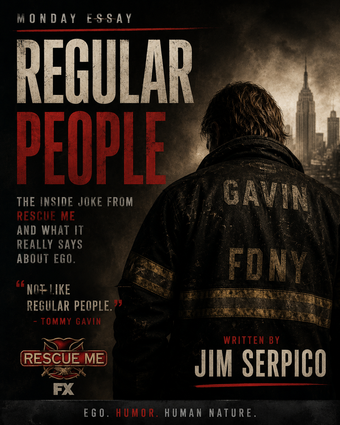 Poster of a firefighter shown from behind in a dirty FDNY jacket with 'GAVIN' on the back and NYC skyline; oversized text reads 'REGULAR PEOPLE'. Written by Jim Serpico.
